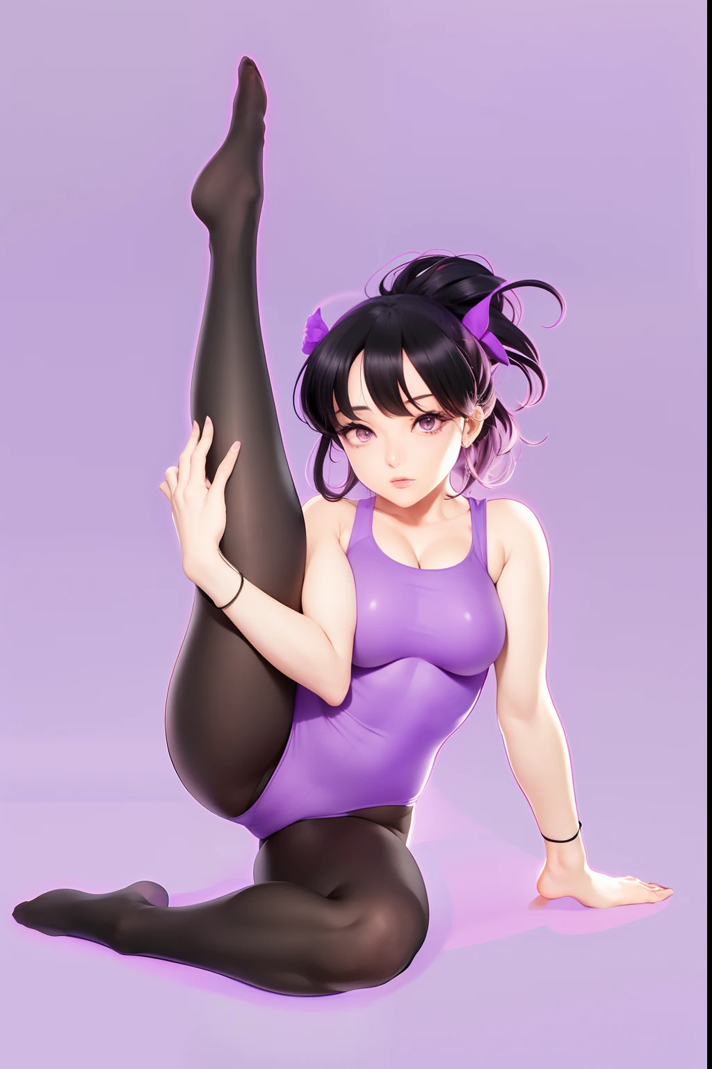 Anime woman with black hair sitting on the ground with legs crossed, Anime women are squatting, huge tit, anime pose, holding a pudica pose, wearing leotard, Purple long-sleeved leotard, Beautiful anime woman crouching, jojo anime style, sexy pudica pose gesture, pretty face with arms and legs, bare legs,