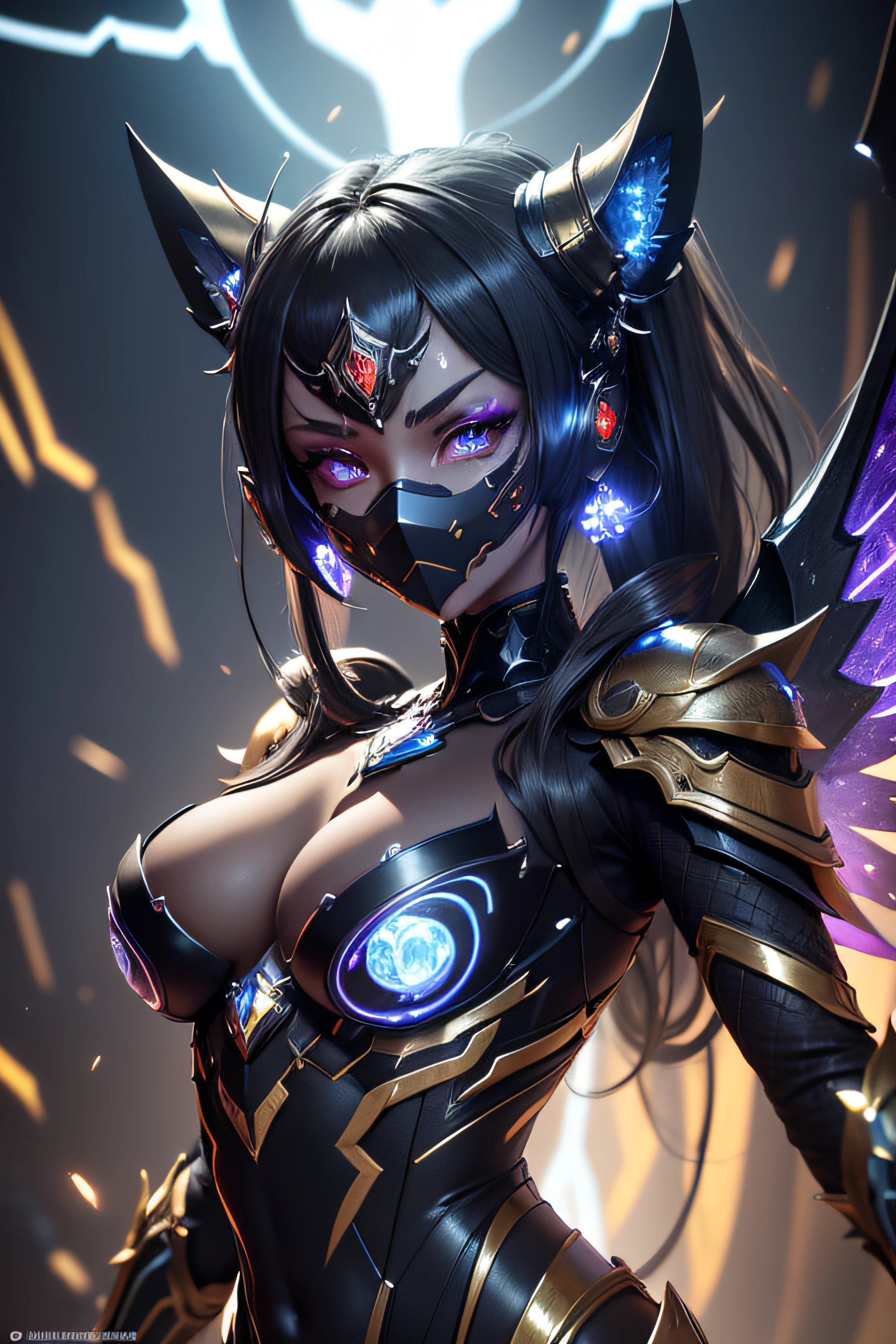 Masterpiece Anime Robot beutiful diamond skin golem cat girl magic, aesthetic_eyes, detailed eyes, demon horn, mask, wings, glowing, random twintail fantasy hair, multicolored hair, body detailed, random very angry face, detailed face, Saenyo Ancalagon Anthropomorphic majestic Guardian | Portrait | finely detailed Obsidian and Lava armor | cinematic lighting | intricate filigree metal design | 8k | unreal engine | octane render | aesthetic_eyes, detailed eyes, body detailed, ahegao, detailed face, highly detailed, fantasy background, blush, cat_ears_earrings hair_ornament highres jewelry triple_earring, detailed all, solo, fightning stance, magic circle, electrification, lightning effect, ray tracing, detailed all, show your ability A.I, 4K Ultra HD. add face mask, add fullface mask, mouth and nose covered by mask, glowing eyes particle glowing, 4K Wallpaper, robot female,