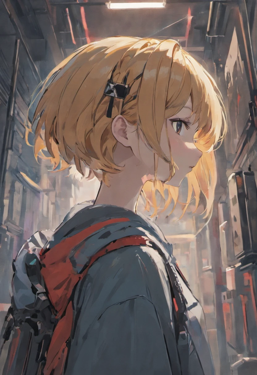 Girl, side portrait, Black and white, Messy short hair, Avant-garde accessories,Sporty style, Casual T-shirt, Confident gaze, monochromatic color scheme, Looks to the side, Chic street fashion, Casual hand in pocket pose,Head,((One guy)),Over-ear headphones, Large earmuffs,Luxurious long hair