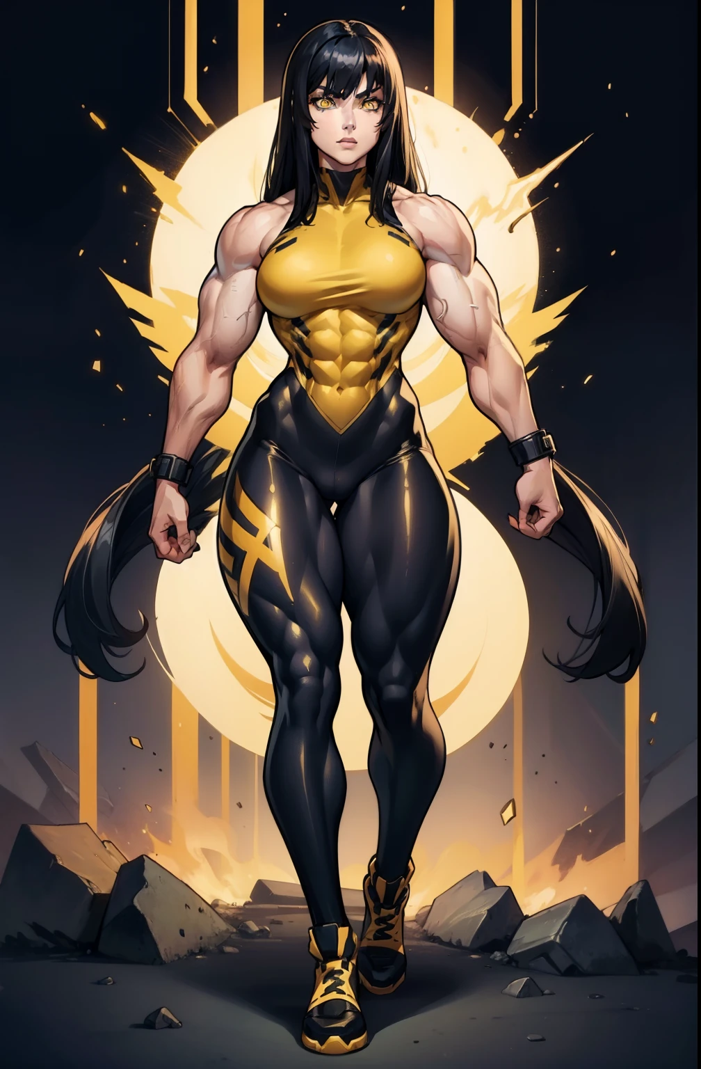 (((((1 girl))))), black hair, yellow eyes, very long hair, ((((((muscular)))))), tall, pale skin, bodysuit, ((full body)), (solo)