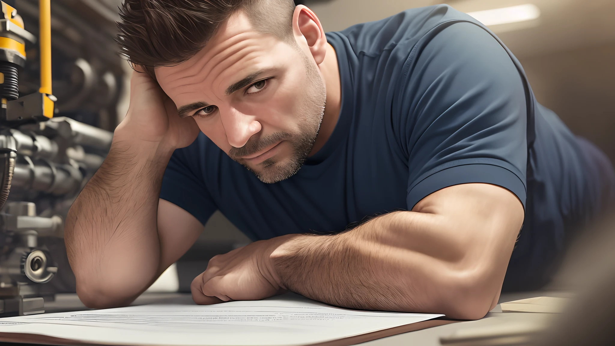 40 year old man studying, lying down, industry, worker's clothing, 8k, Ultra realistic (photorealistic), vibrant details, sharp focus, Studio shot, Ultra detailed, polarized filter, professional lighting, --auto --s2