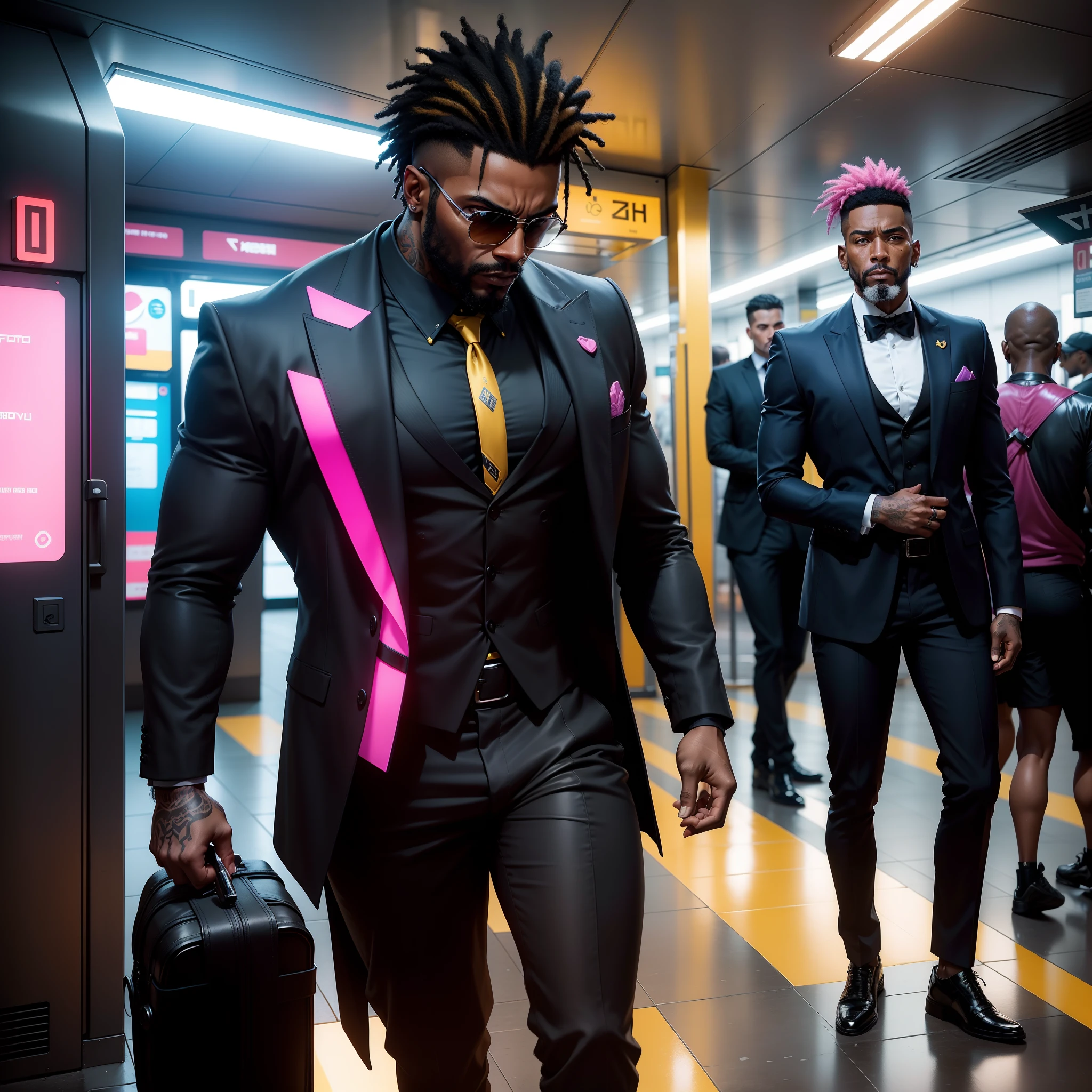 I'd like a cyberpunk style image in 4k average photo of three black characters ,40 anos de idade,,africano, forte, musculoso, de pele negra ,barba grande,barba, Estiloso Barbon,com cabelo punk estilo anos 80 na cor amarelo e cinza escuro,muito eLegante,, futurista e estiloso neon , com uma tatuagem super colorida e com neon ,Toattoo, facing a metro station on the platform , with station lights failing in a dimly lit environment, standing dressed in a dark yellow suit with a pink bow tie and baggy shirt.