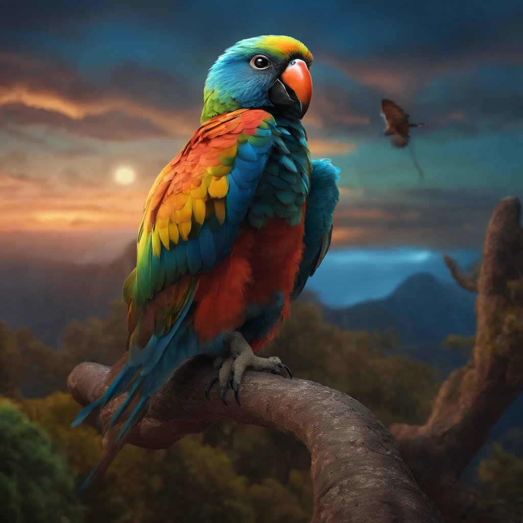 Close-up of a legendary parrot with colorful feathers, Galactic Eye, Shiny fur, Detailed plumage, Finely large eyes.., An owl is landing on an alien branch.. , Look at the audience with judgmental eyes.., Focus, alien landscape background .romper,Detailed,Realistic,4k highly detailed digital art,octanerender, bioluminescent, 8K concept art crack, Realism,By Mappa studios,masterpiece,bestquality,official art,illustration,Clear lines,(evening_colored),perfect composition,Absurd, fantasy,focused,rule of thirds,