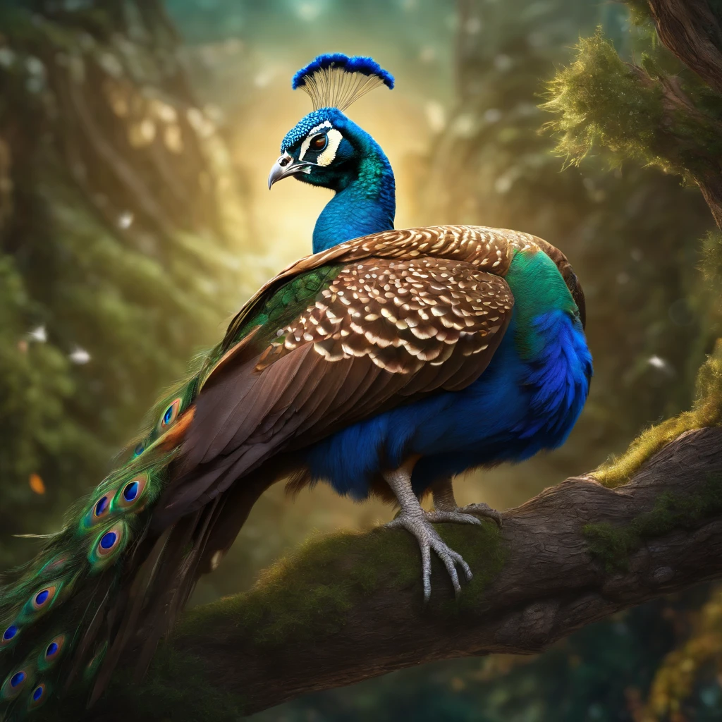 Close-up of a legendary peacock with colorful feathers, Galactic Eye, Shiny fur, Detailed plumage, Finely large eyes.., An owl is landing on an alien branch.. , Look at the audience with judgmental eyes.., Focus, alien landscape background .romper,Detailed,Realistic,4k highly detailed digital art,octanerender, bioluminescent, 8K concept art crack, Realism,By Mappa studios,masterpiece,bestquality,official art,illustration,Clear lines,(evening_colored),perfect composition,Absurd, fantasy,focused,rule of thirds,