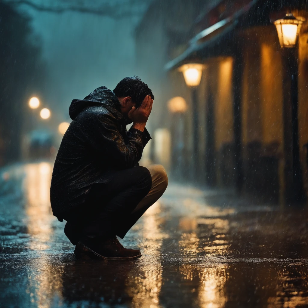 a beautiful rain scene, man crying , missing someone,