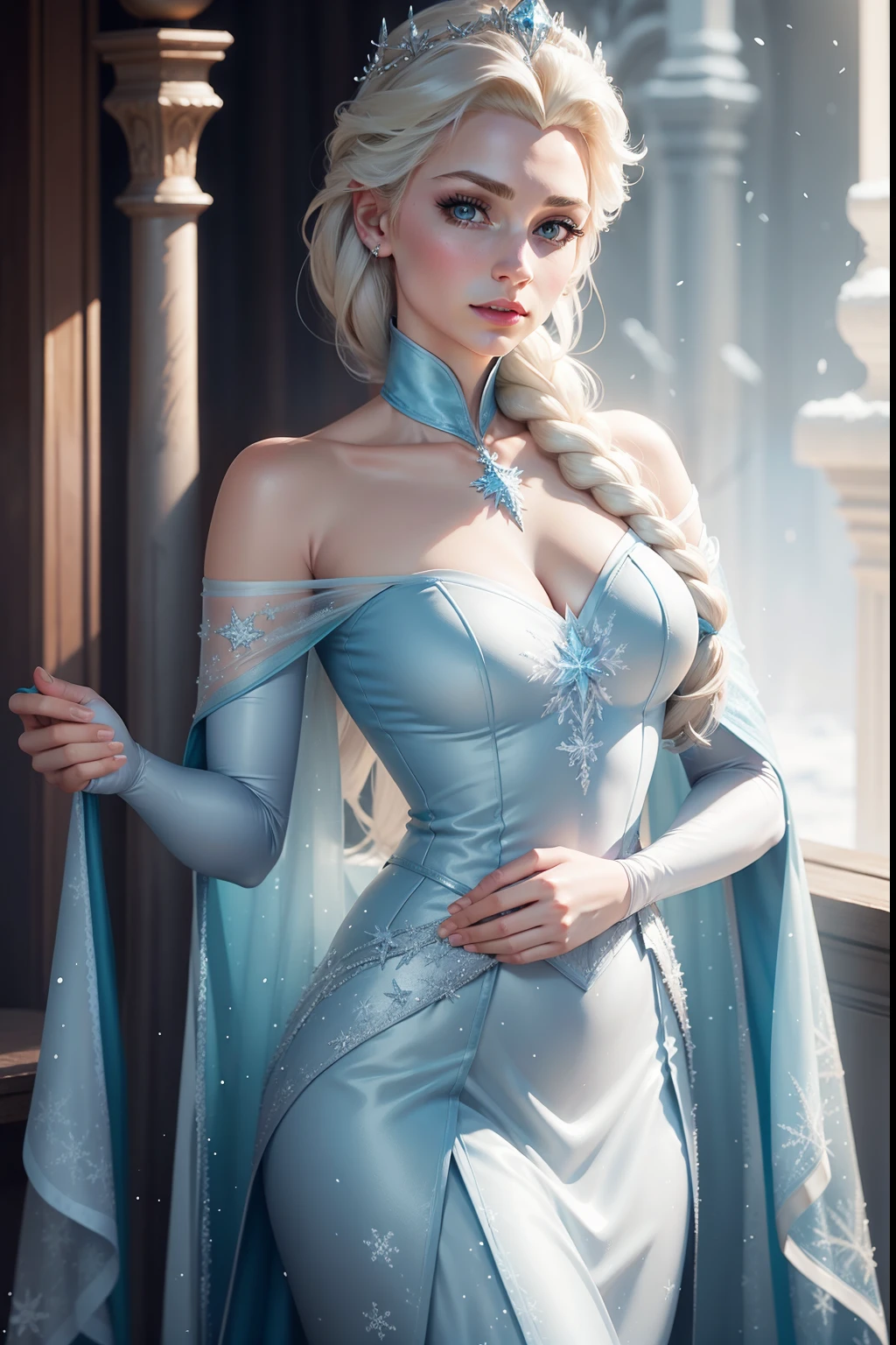 Elsa, hailed as the epitome of beauty in the realm of "Frozen," is depicted in a stunning 4K channel suit. The realism is so profound that it seems as if the frozen queen herself has been transported into the digital world. With her icy blue eyes twinkling like the North Star and her platinum blonde hair cascading down in intricate waves, Elsa exudes a regal charm. The channel suit, a blend of traditional femininity and winter's majesty, is adorned with delicate crystal embellishments that sparkle under the virtual light. Elsa's delicate features are accentuated by her delicate yet bold makeup, and her regal