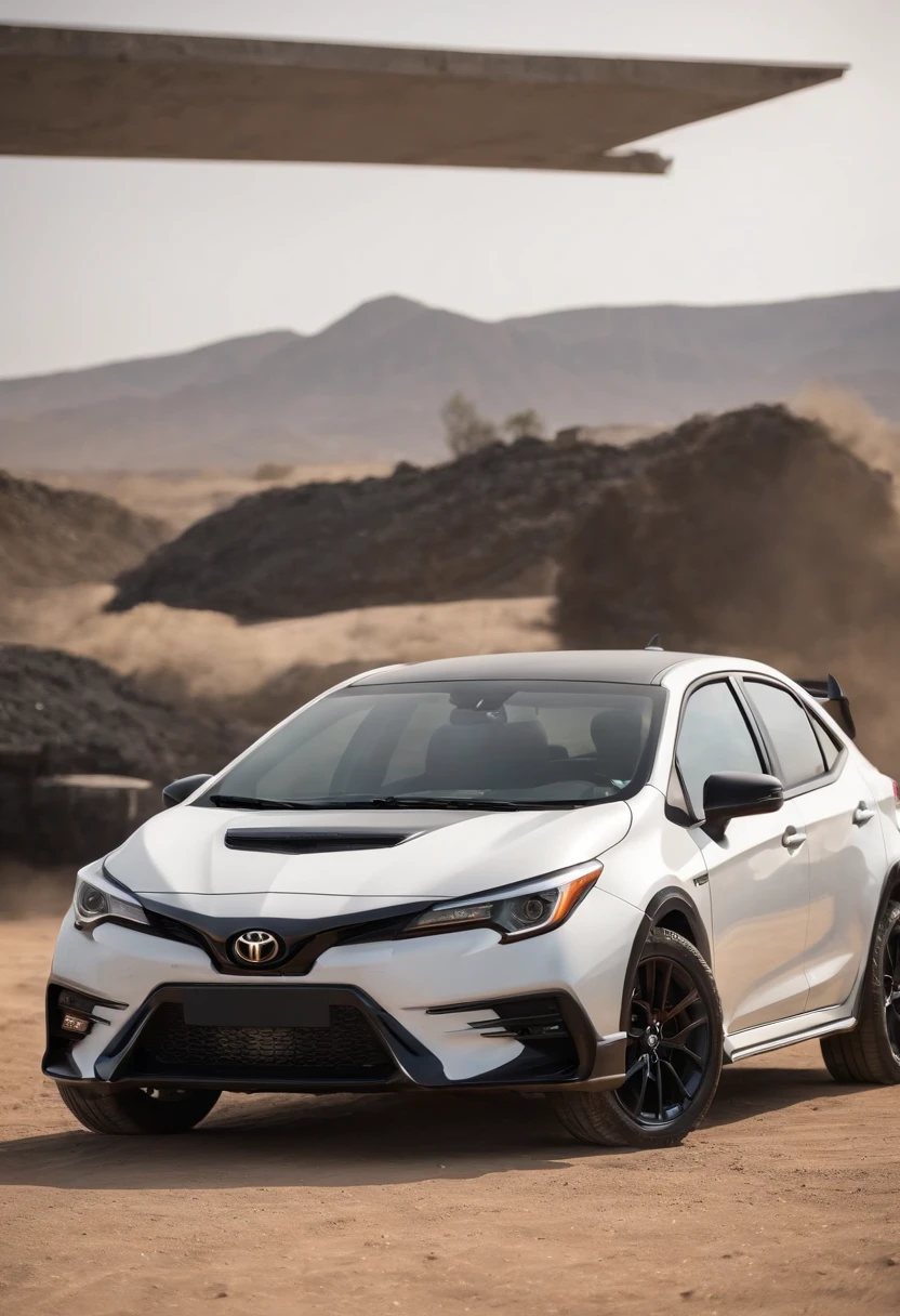 Um closeup de um Toyota Corolla GRS 2023, branco, com rack de teto, estribos nas laterais, Competition Accessories (( pneus grossos e altos)) rodas preta de off-road, quebra mato frontal((( Estilo militar))), trending on vehicle design, dominance, corpo inteiro, corpo inteiro, 4l, gm, desporto, Detalhe poderoso, Album art, new vehicle, extremamente intrincado, vehicle, Directed by: Karl Völker, ao fundo deserto do nordeste do Brasil, um burro ao lado do carro