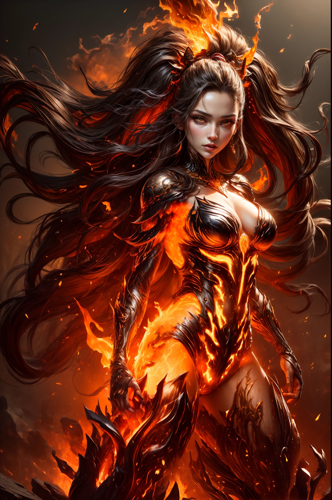 This is a realistic fantasy artwork prominently featuring realistic fire, including wisps of flames, glowing hot embers, subtle curls of smoke, and a beautiful fire druid. The druid stands in the midst of a raging inferno with an interesting composition. Her face is expertly sculpted, with elegant and refined features and perfect shading and realistic skin texture. Her (orange and gold eyes) are stunning and are the focal point of this image. (Her eyes extremely detailed, beautiful detailed eyes, and macro). Her eyes feature intricate detailing with clearly defined irises and bright sclera. Her soft lips are smooth and very puffy, and her skin is adorned with a light flush and ornate fire detailing. Her long gown is stunning and expensive, and is made of pure flames and glittering, ornate jewels that glimmer in the fire light. Her billowing gown glitters from the flames and features a delicately and intricately embroidered bodice with wisps of flames running across it. Include fantasy elements like bumps, stones, fiery iridescence, glowing embers, silk, and an interesting background. Include fiery magical creatures such as fiery birds and fiery butterflies that give off a magical and mystical aura. Lighting: Utilize the latest trends in lighting to enhance the artwork's beauty. Camera: Utilize dynamic composition to create a sense of urgency and excitement. Take inspiration from the current masters of the fantasy genre, including trending artists on Artstation and Midjourney. ((masterpiece))