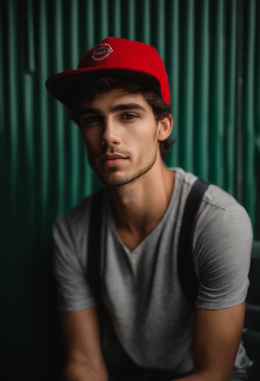 Man with a red hat sitting in front of a wall, foto de perfil headshot, em torno de 1 9 anos, halfbody headshot, 1 / 2 headshot, taken in the early 2020s, retrato de alta qualidade, 1 / 4 headshot, foto de perfil profissional, Foto de perfil, foto headshot, nice afternoon lighting, foto atraente, Brandon, cara bonita