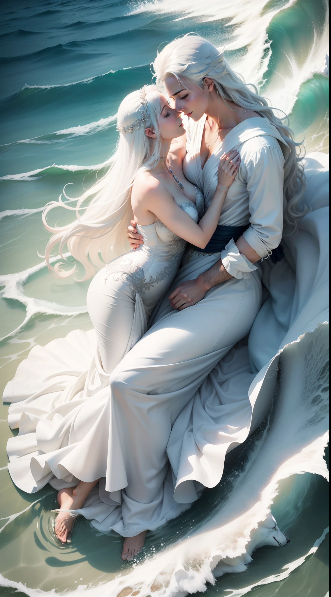 A warm summer evening, sunset, light breeze, a couple kissing and hugging on the deck of a luxury yacht: 1 woman (an incredibly beautiful young femme blonde with blue eyes and long golden hair reaching to the waist, she is wearing a beautiful shimmering silk dress with thin lace, romantic appearance) and 1 man (tall, a handsome, handsome, masculine, athletic young man is platinum blond, he has blue eyes, tanned skin, long straight platinum hair, he is dressed in a light shirt and trousers). The ocean breeze. Masterpiece, perfect image, realistic photos, full-length image, 8K, detailed image, extremely detailed illustration, a real masterpiece of the highest quality, with careful drawing. glow. In full growth. they are in love with each other.