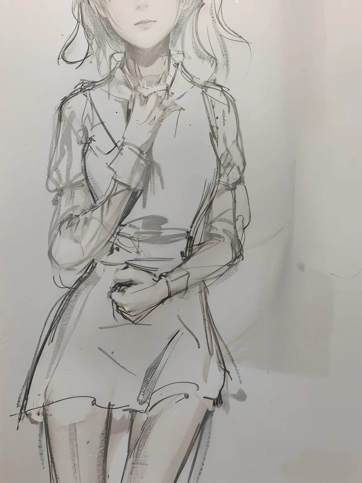 Drawing of a woman in a short dress, loose pencil sketch, matte sketch, put hands on the hip, Rough sketch, detailed but rough, thick outline, Prompt: Diagram of a fragile appearance, line-drawing, thick outlines, a girl is standing, Standing Pose, girl sketch, Black Ink Rough Sketch, Pose Study, quick sketch, Rough Charcoal Sketch, anime sketch, heavy outline