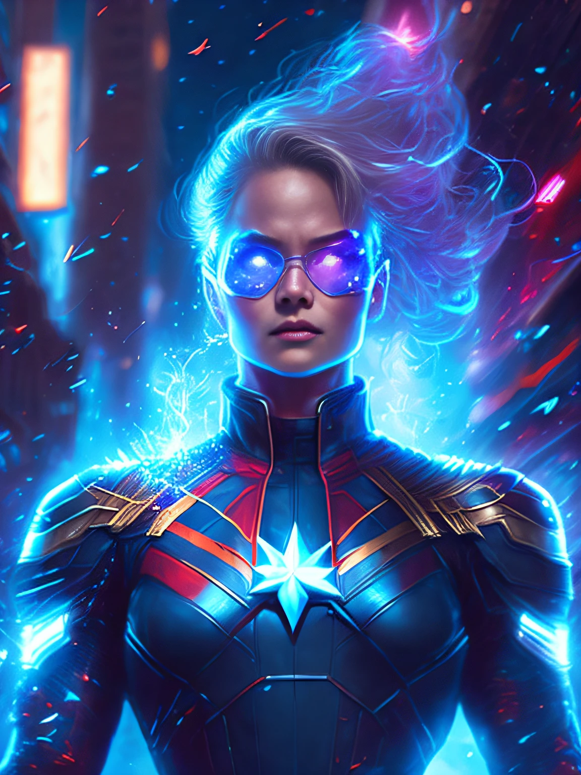 gloomy portrait of capitain marvel from Marvel, extremely detailed, futuristic cityscape, nighttime, glowing neon lights, smoke, sparks, metal shavings, flying debris, blue energy effects, volumetric light