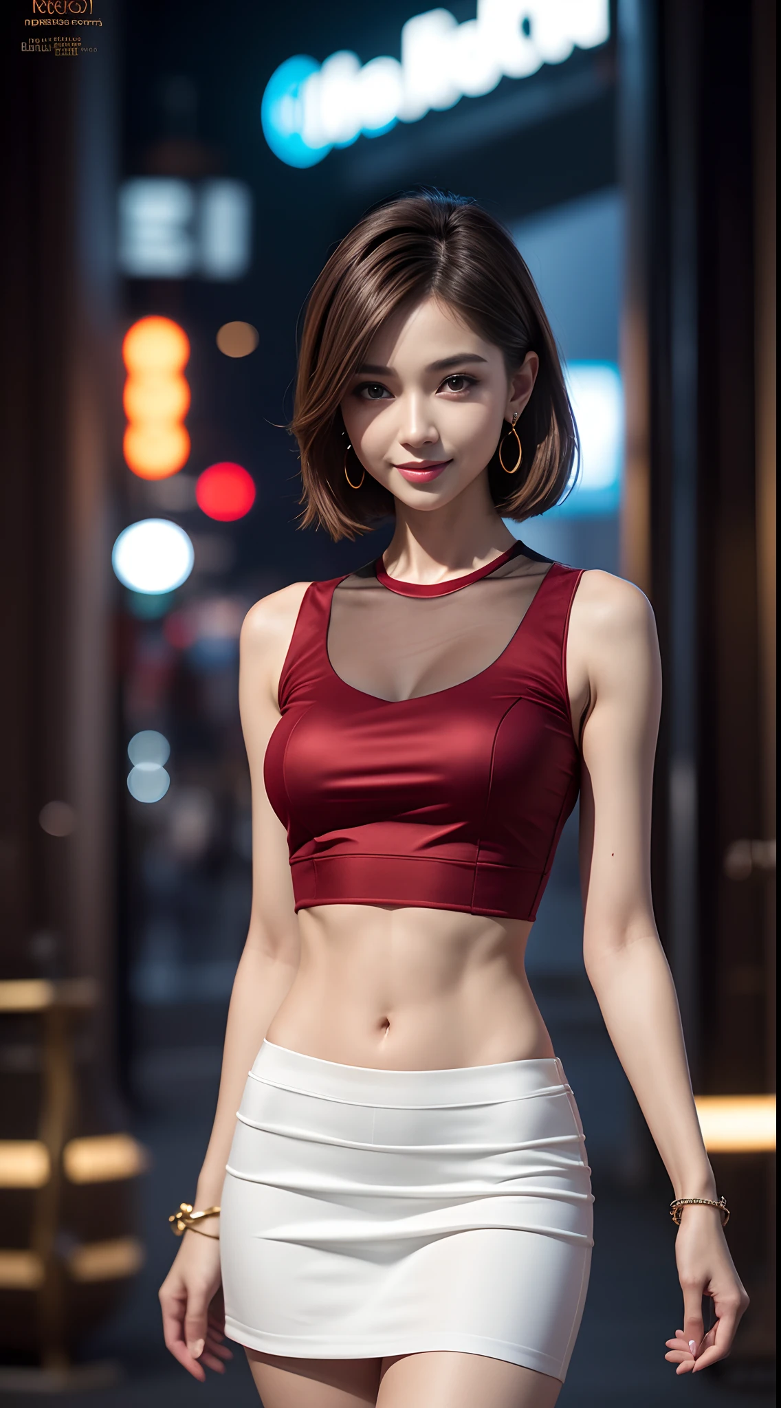 8k, masterpiece, RAW photo, best quality, photorealistic, extremely detailed CG unity 8k wallpaper, Depth of field, Cinematic Light, Lens Flare, Ray tracing, (extremely beautiful face, beautiful lips, beautiful eyes), intricate detail face, ((ultra detailed skin)) 1girl, in the dark, deep shadow, pretty asian girl, 1 girl, (very slim slender fit-muscled body:1.3), ((looking at viewer)),(big smile:1.3), (fashion city night, dark night, (neon sign), (blurred background), street night),(without people in the background:1.3), beautiful earrings, bracelets, necklace, pantyhose, clear eyes, (pale skin), (big eyes), face forward, ((upper body shot)), (looking at viewer:1.3) very slim, medium breasts, (Ultra-realistic, gazing at viewer, short skirt, (hight resolution), (8K), (ighly detailed), (Brown hair, short-hair), (Woman in red short sleeveless blouse, Show the navel), (see through tight blouse), (Slim body), open breasts, short silk skirt,