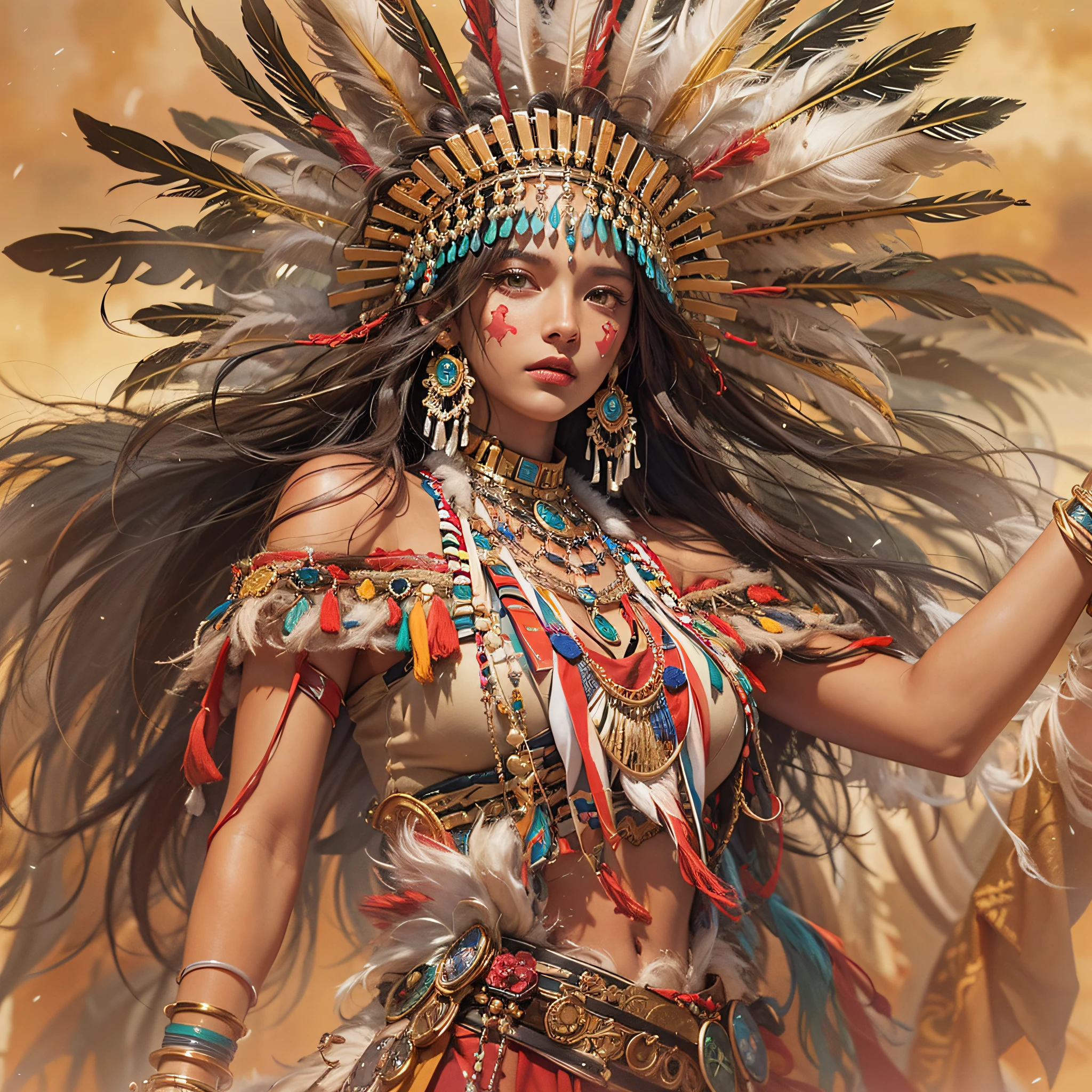 Native American beauty in dance poses, Luxurious leather poncho embroidered with intricate embroidery, Flowing Tulle, feather hair ornaments, war bonnet, The tattoo, Brown skin, Indian Jewelry, Native American Patterns, Transparent and long colorful Hubert on the arm, Navel ribbon, shoulders, coll, Arm Ring Ribbon, wreath, Bracelets, anklets, Metal chain tassel around the waist, Sun God Background, Ink wash, Popular CG Stations, masutepiece, Recent Quality, high resolution details, 32K