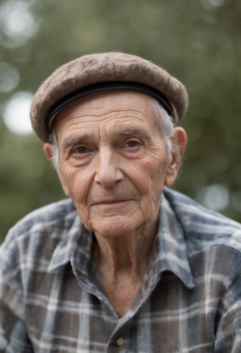 Create a realistic image of a 90-year-old-looking gentleman. He's wearing an earthy-hued plaid shirt and a brown beret. His eyes are blue and express serenity and wisdom. Ele tem uma barba branca bem cuidada. Este senhor parece ser um mestre em seu campo de conhecimento."