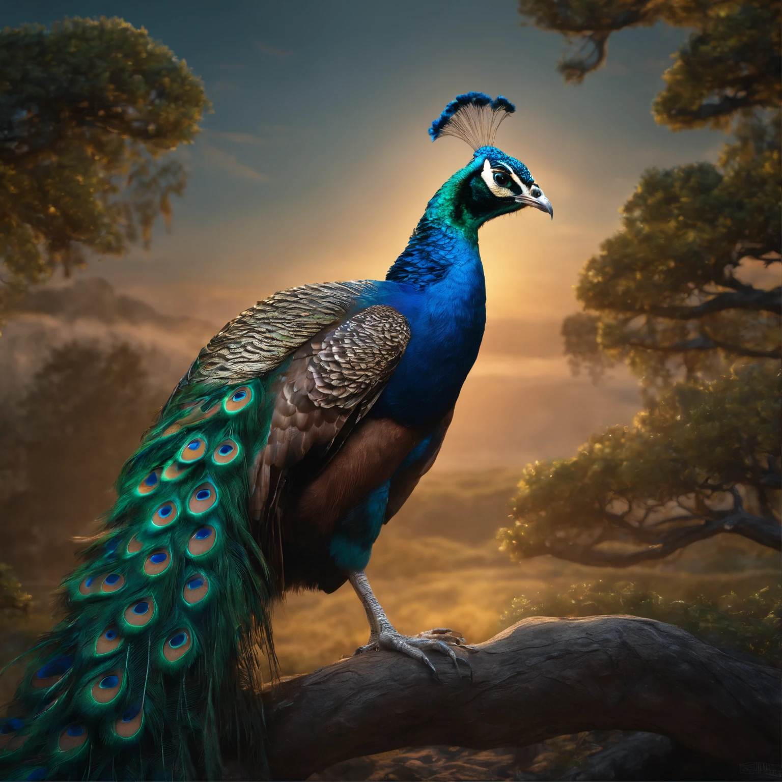 Close-up of a legendary peacock with colorful feathers, Galactic Eye, Shiny fur, Detailed plumage, Finely large eyes.., An owl is landing on an alien branch.. , Look at the audience with judgmental eyes.., Focus, alien landscape background .romper,Detailed,Realistic,4k highly detailed digital art,octanerender, bioluminescent, 8K concept art crack, Realism,By Mappa studios,masterpiece,bestquality,official art,illustration,Clear lines,(evening_colored),perfect composition,Absurd, fantasy,focused,rule of thirds,