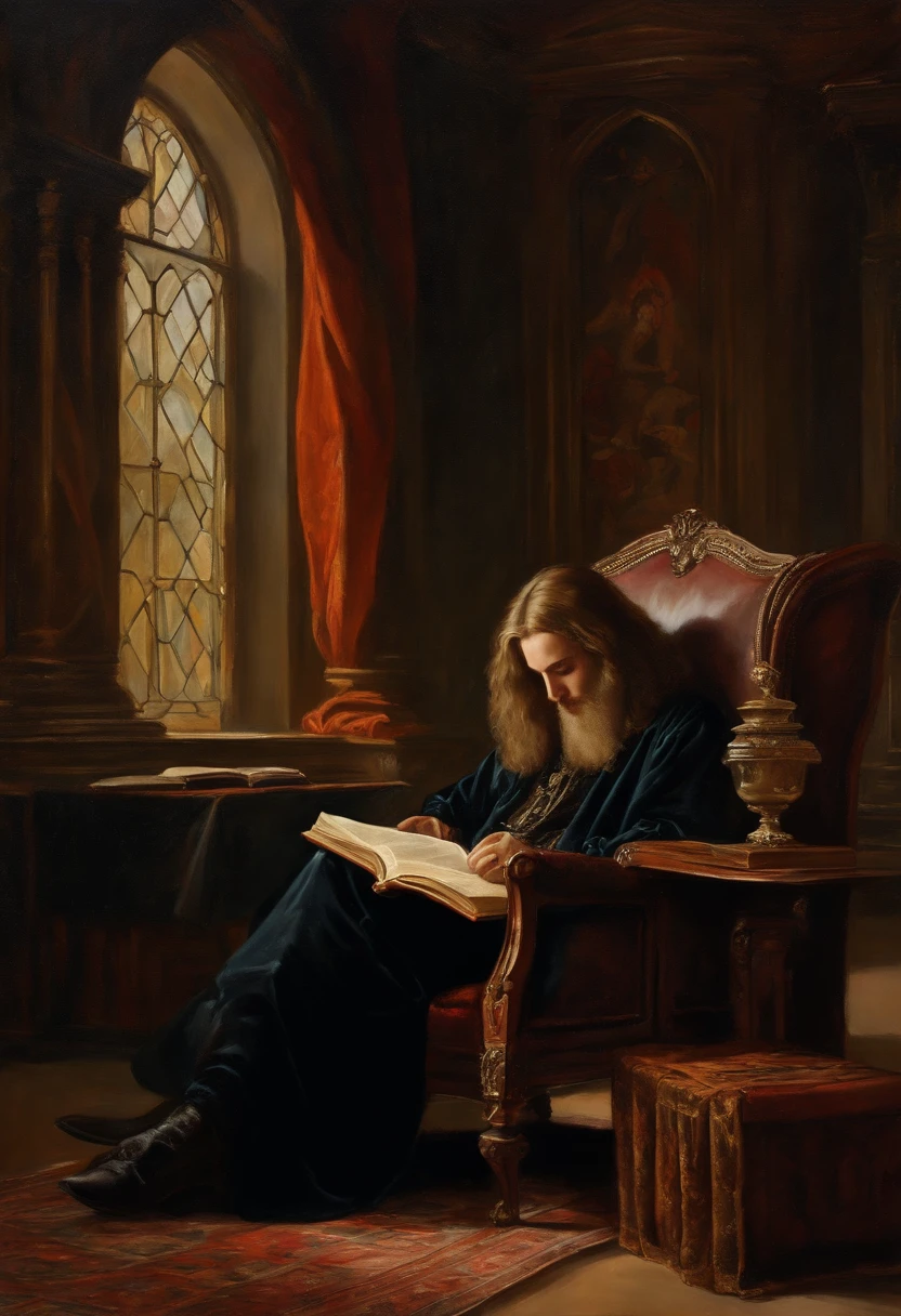 oil painted，A long-haired young man in a velvet dressing gown sits on a high wingback chair reading a large book, In the Gothic library, Gloomy dramatic lighting, Deep shadows, Classic color palette, Ultra detailed, elegant, fine art, Evocative,Gustave Moreau, Sargent, Alphonse Mucha, abstract expressionism