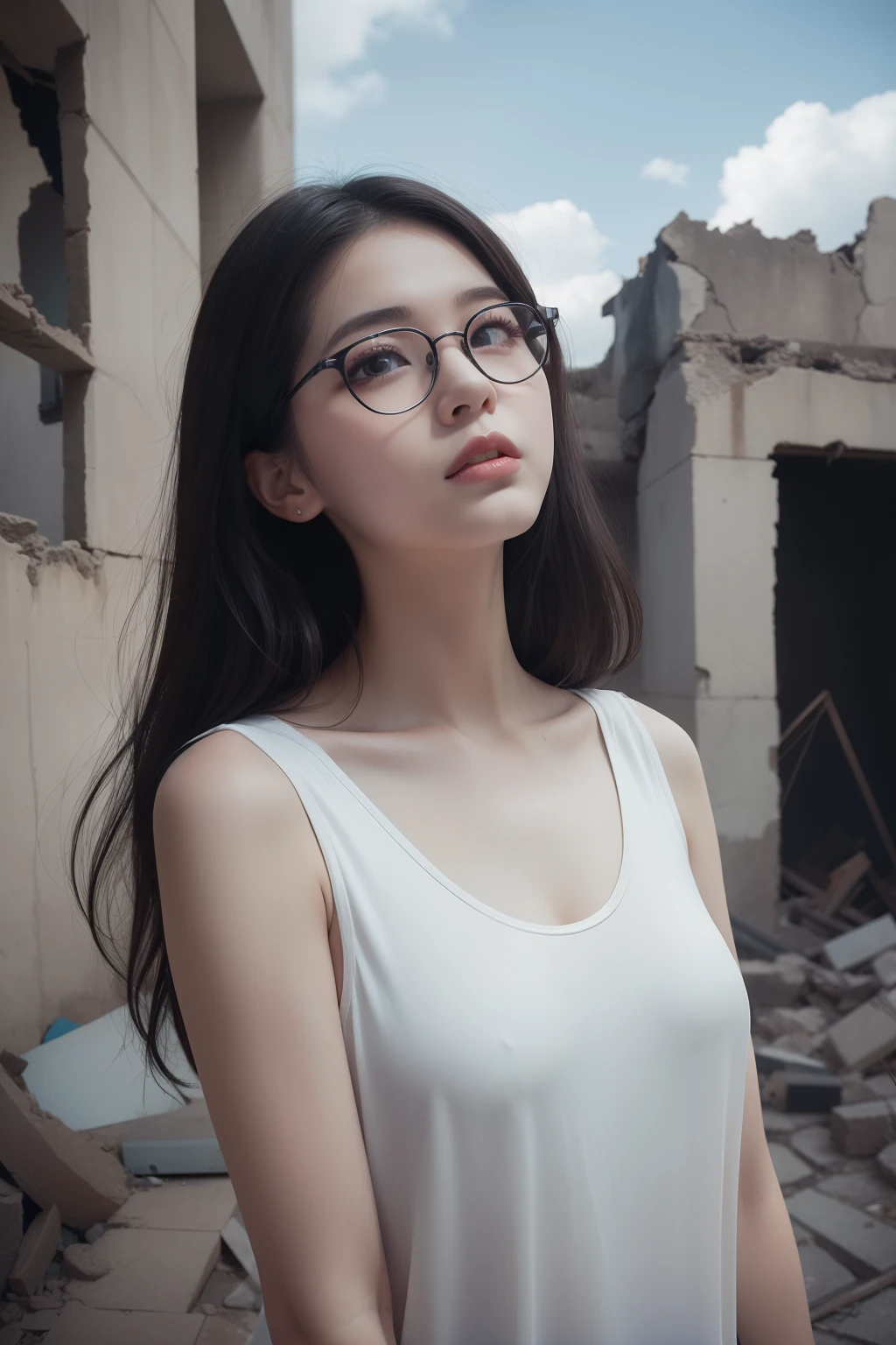 masterpiece、8K、Raw photography、(reallistic:1.4)、High-resolution mouth、The eyes are high definition、Shiny skin、big eye、Round face,Double eyes、Puffy eyes、Medium-breasted women, (Long hair:1.4)、half-opened mouth、Provocative facial expressions、One lady、20yr old, sad Facial expression、full body Esbian、Woman with glasses、Black tank top、In the ruins of light、Gaze looking up at the sky、cloudiness、Woman with white hair、film grains、Movie Light、The wind is blowing、Side shot angle、NSFW