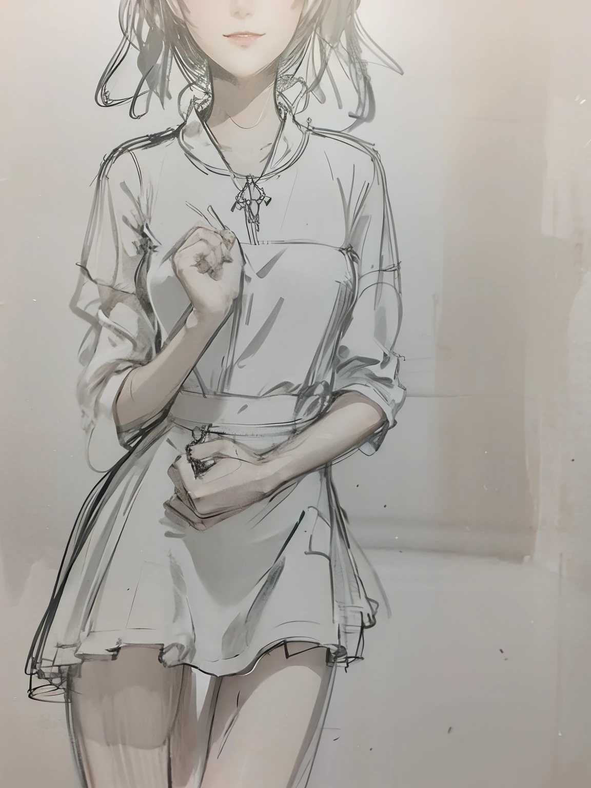 Drawing of a woman in a short dress, loose pencil sketch, matte sketch, put hands on the hip, Rough sketch, detailed but rough, thick outline, Prompt: Diagram of a fragile appearance, line-drawing, thick outlines, a girl is standing, Standing Pose, girl sketch, Black Ink Rough Sketch, Pose Study, quick sketch, Rough Charcoal Sketch, anime sketch, heavy outline