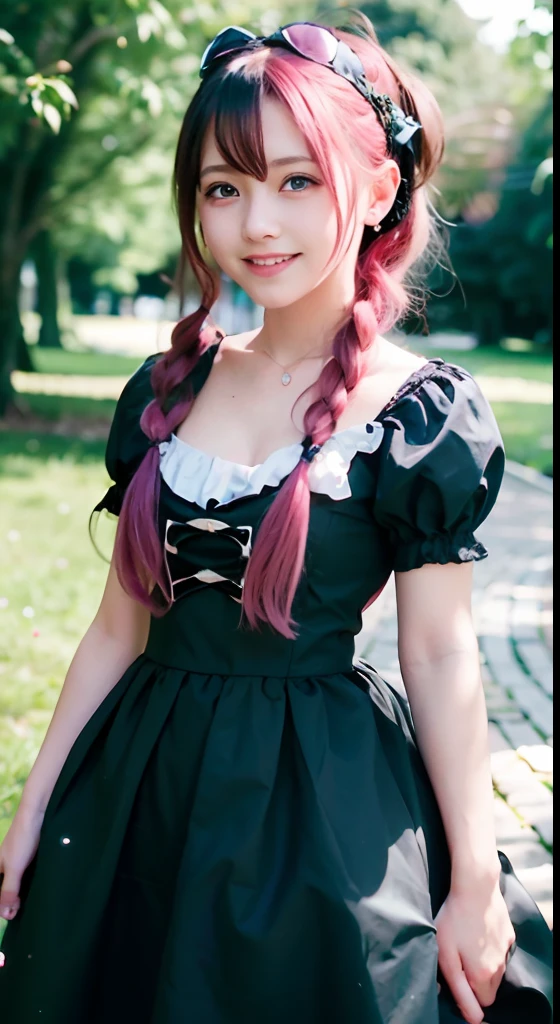 (ultra-detailliert), Cute princess dresses in black color,(frilly dress),(shortsleeves),Blue eyes,The upper part of the body、a closeup、faces、(A smile:1.5),(facing front:1.2), 20yr old, s girl,no tail,(no tail),2D, masterpiece, top-quality, animesque, A detailed eye, A detailed face, girl with, Only 1 person,Medium hair with pink hair, (Pink hair), Ear Hair, small tits, Single braid, (Single braid), (Side braid), Pink ribbon, Ribbon around the neck, (White sleeves), Background bokeh