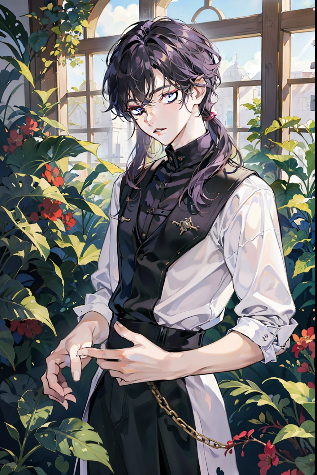 Imagen de buena calidad, 1 chico, 18 year old teen, muy dulce y amable, con cabello largo negro recogido, with purple eyes and almost pale white skin, Thematic: en un invernadero, controlling the plants and breaking the greenhouse with the roots. de las flores que lo rodean, with magic circles