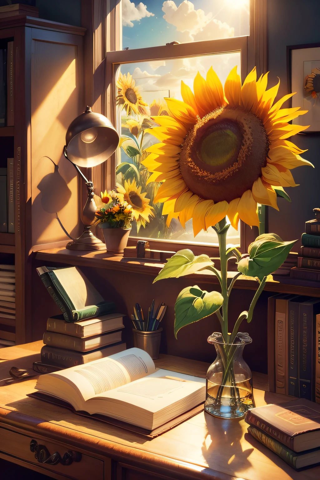 (sunflower,desk,Books,window,Sunlight),(Best quality,A high resolution,Masterpiece:1.2),Detailed painting,Realistic,Vivid colors,Soft lighting,still-life,Studio lighting