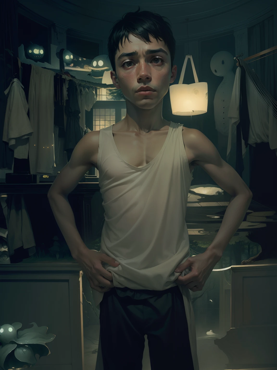 1boy, bulgej8, full body shot, full body angle visible from head to toe, full hd, arms detail, body detail, legs detail, face detail, feets detail, feet on the floor, hands detail, curly hair, shaggy hair, slender body, soft thin face, standing in dynamic pose, star golden earrings in one ear, slip black underwear with a thin stars print, black boots, a green stuffed in the hand, with a large window in the background showing star galaxy, dramatic lighting, full body, body hairless, dominating, white or white skin, boy soft face, gighly light, highly detailed, looking at the audience, photography, detailed skin, real person, crazy detail, hype maximization, lighting complex detail , Highly detailed, Digital painting, artstation, concept art, smooth, sharp focus, illustration, Unreal Engine 5, art by Ross Tran and Greg Rutkowski and Alphonse Mucha, Show men only .8k Ultra HD, dslr, dim lighting, high quality, film grain, Fujifilm XT3, 2-person, two-person model. hype surrealism, hype surrealism, by Shen Quan, perfect body, beautiful young male model, an attractive man 18-2 aesthetic, Sunshine sports student, asianboy, bulgej8, Noosphere, fantasy dark, light and cold aesthetics,