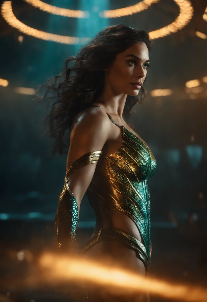 Movie Scene, close-up da Mulher vestida como Aquaman da DC, distorted space, mortos-vivos distorcidos no fundo, Flares da lente, eixos leves, detalhes intrincados, altamente detalhado, Volumetric lighting, 4k render, Foto de Stock, hyper-realistic, texturas realistas, dramatic lighting, Motor irreal