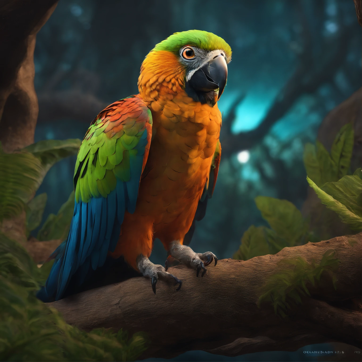 Close-up of a legendary parrot with colorful feathers, Galactic Eye, Shiny fur, Detailed plumage, Finely large eyes.., An owl is landing on an alien branch.. , Look at the audience with judgmental eyes.., Focus, alien landscape background .romper,Detailed,Realistic,4k highly detailed digital art,octanerender, bioluminescent, 8K concept art crack, Realism,By Mappa studios,masterpiece,bestquality,official art,illustration,Clear lines,(evening_colored),perfect composition,Absurd, fantasy,focused,rule of thirds,