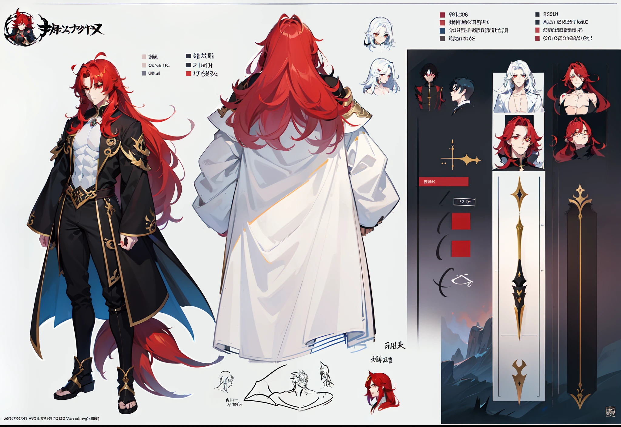 1boy, single, asian boy, reference sheet, character design, front angle, side angle, rear angle, dynamic poses, (masterpiece:1.2), (best quality:1.3), fantasy outfit, nine tail fox, nine tail outfit, muscle body, athletic body. (Red eyes), (long hair), (long bangs), red hair), (pale skin), (reference sheet:1.5), no text, no symbol, no watermark
