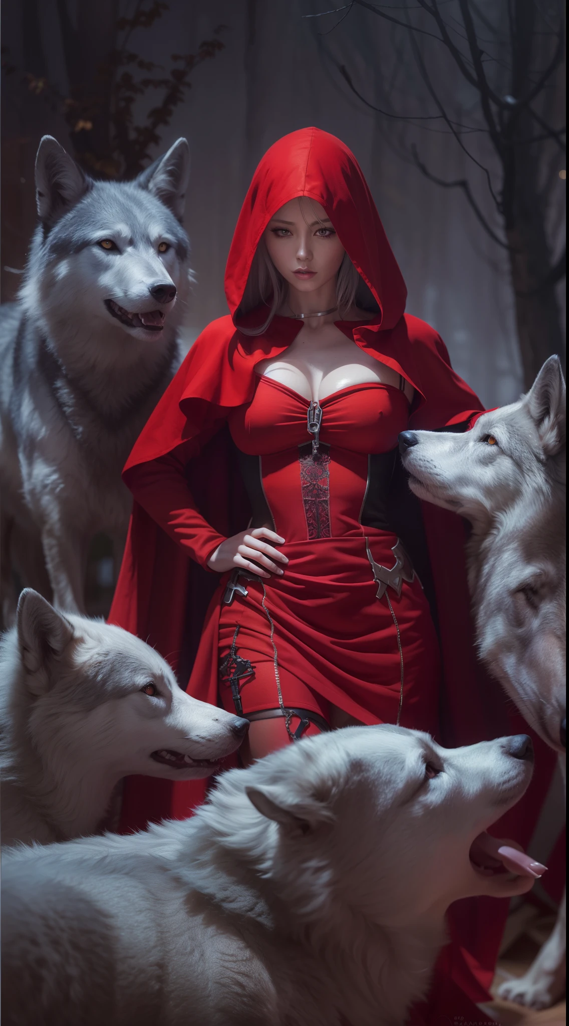 NSFW, Oil Painting, masutepiece, Cyberpunk style, Full Front Portrait, Beautiful mature Little Red Riding Hood, Little Red Riding Hood raped by wolves, Exposed , A giant silver wolf beside her, Dynamic Pose, Full Moon Night, Dreamy haze of fog, The images are realistic and ultra-high definition, Shoot with manual focus showing intricate details