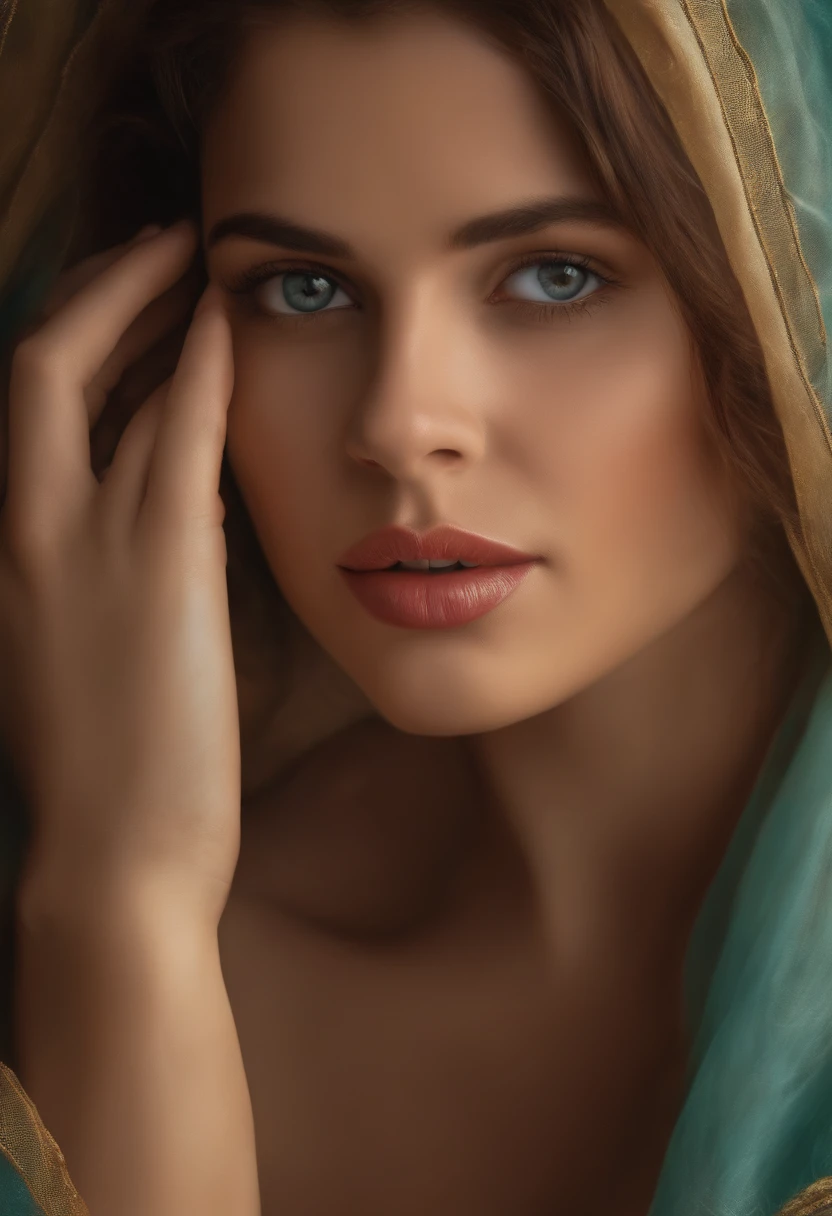 There's a woman who has her hands on her face, ultra realista s, Adolescente hiper-realista, # 1 pintura digital de todos os tempos, #1 pintura digital de todos os tempos, pintura digital realista, arte digital dos desenhos animados, ultra realista da menina bonito, arte digital do retrato, airbrush digital oil painting, Retrato estilizado H 640, rendering of close up portrait, cemera frontal, Camera away from face body camera shows breasts up, fundo desfocado, foco total,