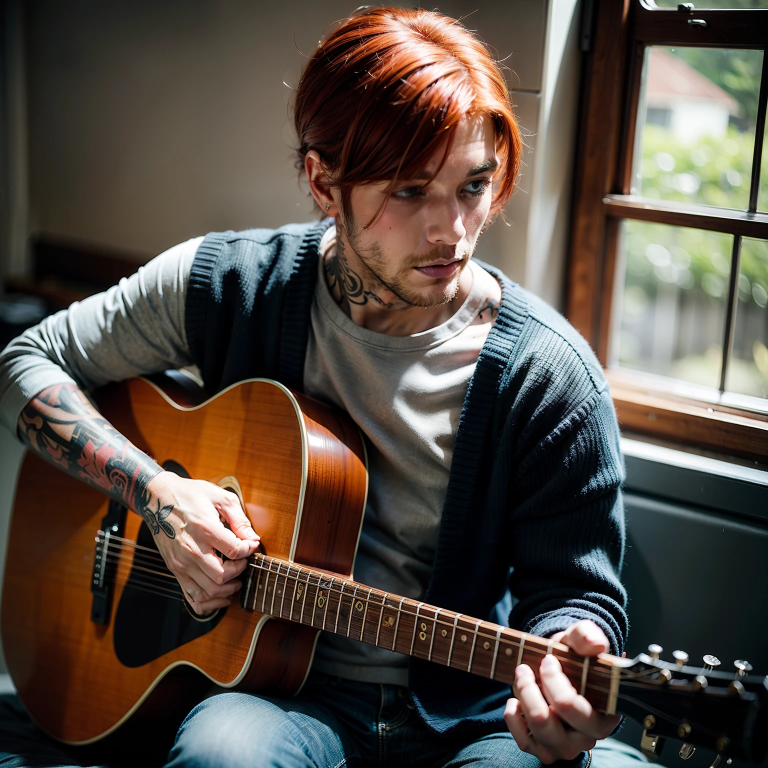 Red-haired man with tattoos playing on guitar
