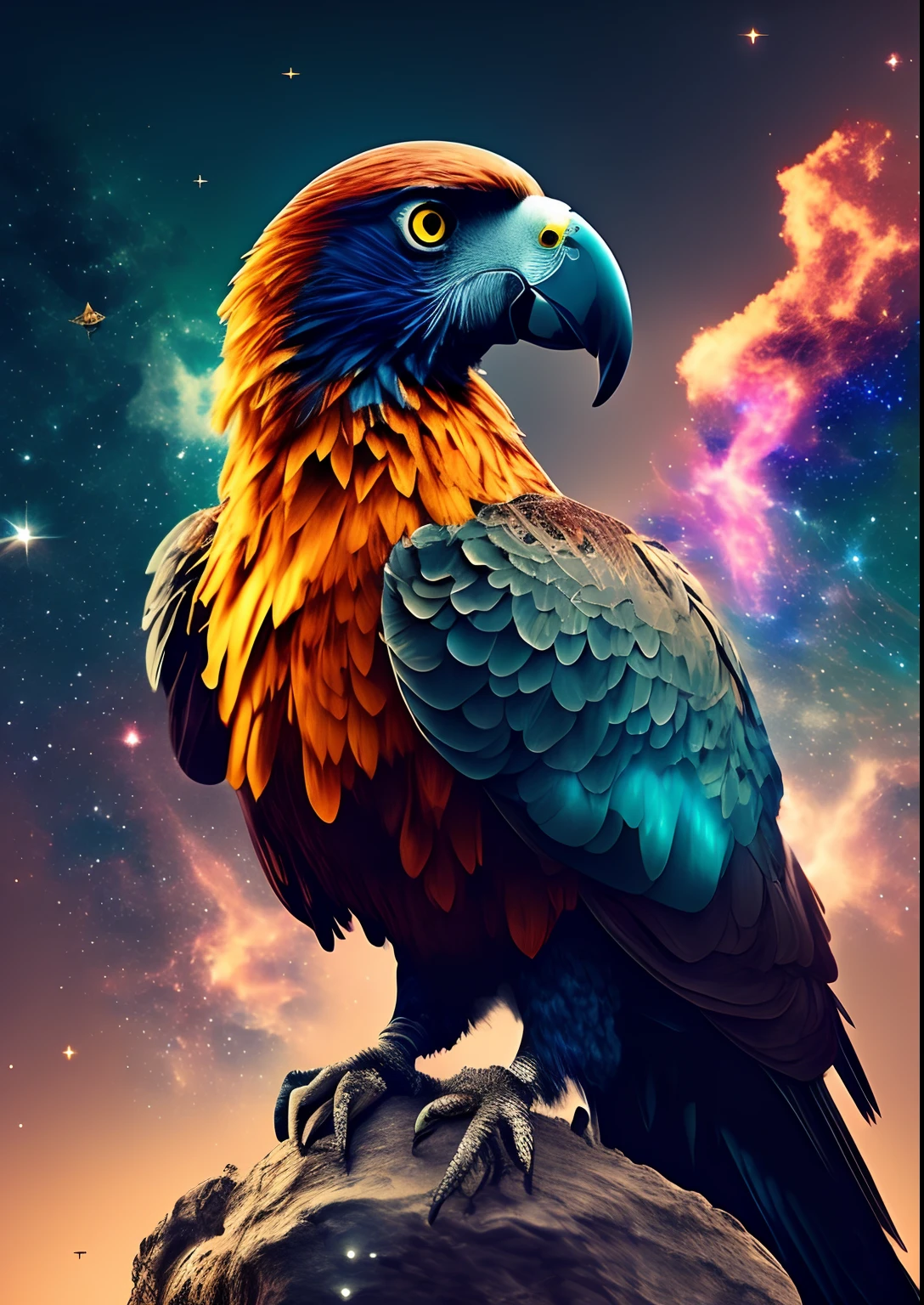 dreamlikeart, galaxies, space, nebulae, Eagle Stars, [cyberpunk] parrot from (star:1.5),
