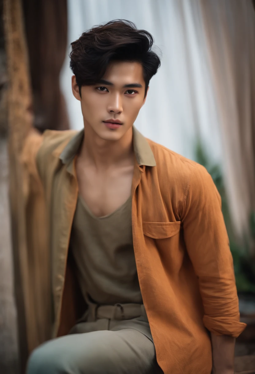 Asian man、twinks、Wild、short-haired、Gentle、drooing eyes、Fashionable、Film actor、a scene from a movie、A sexy