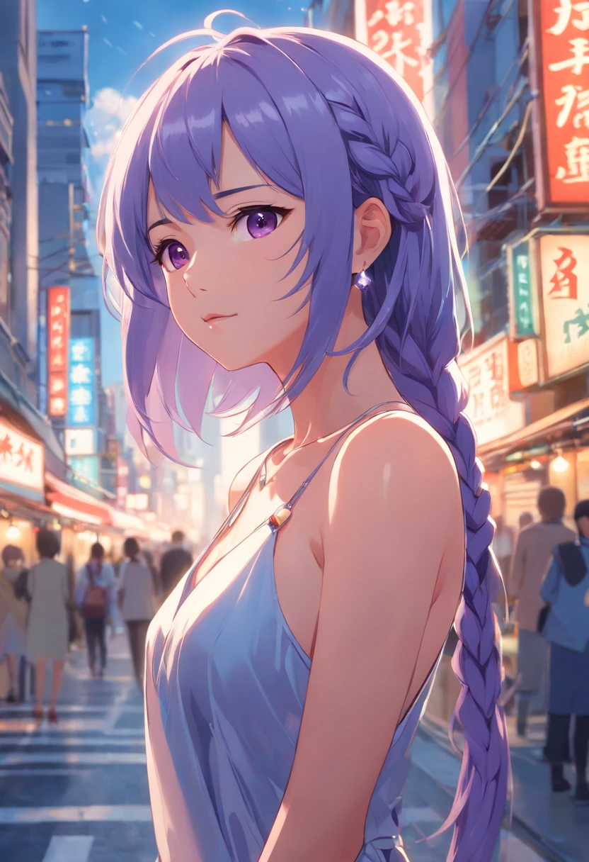 masutepiece, Best Quality, 超A high resolution,Photon mapping,Best Shadow,Portrait,Beauty details,ultra high detail,long purple hair,Single braid,Blunt bangs,medium breasts,city,Chinatown,Downtown,see through, Short dress, low cut:2, Hair Ornament, earrings, Necklace, Portrait, Silver dress:2, Looking at Viewer,Solo,Professional Light, Detailed skin,