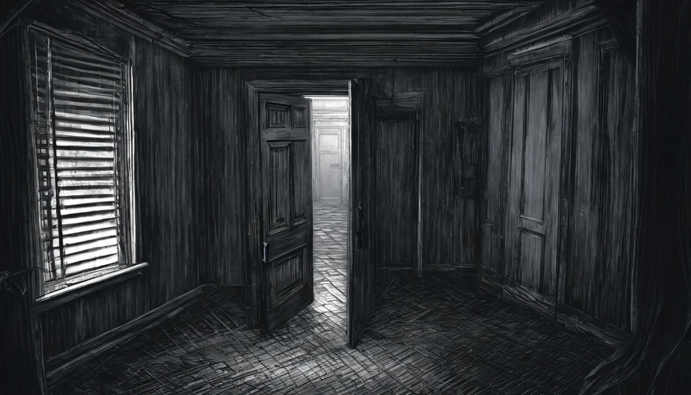 ((masterpiece)), ((best quality)), (ultra detailed:1.2), highly detailed, (horror), (ultra detailed illustration of In The door of one room, dimly and suspiciously open:1.2), (Silent Hill),