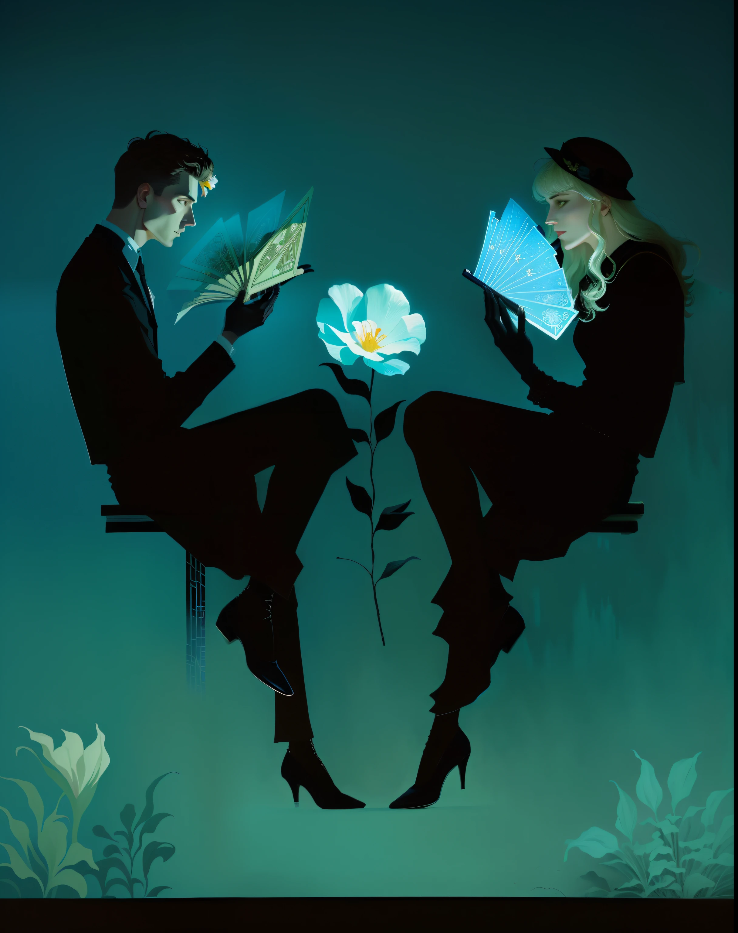 There are two people sitting on a bench with a flower in their hands, by Ivan Generalić, Directed by: Aaron Douglas, Directed by: Matt Stewart, Directed by: Glen Angus, illustration!, The Lovers' Tarot Card, Directed by: Morris Kestelman, Joe Webb, Directed by: Rafael Ritz, Homem e mulher apaixonados, the lover tarot card, Directed by: Anna Füssli, Directed by: Alain Tasso