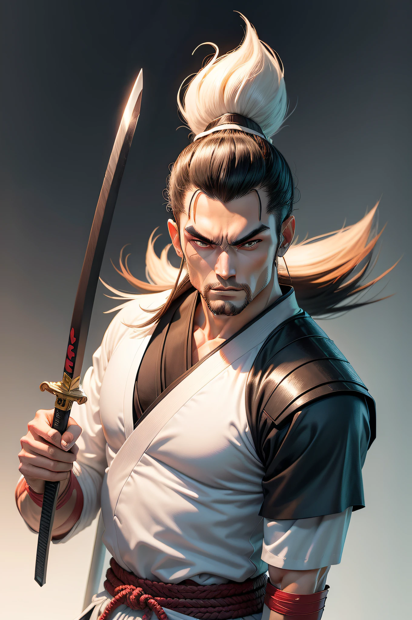 Make Samurai Jack (desenho) Realistic anime version. Um samurai de kimono branco cabelo pequeno e uma katana bem grande