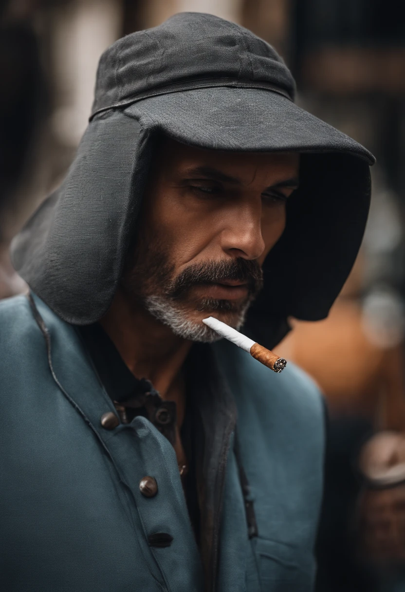 /Imagine Prompt: An artistic close-up of a man with a cigarette in his hand and a stylish cap. Os tons suaves de sombra criam uma atmosfera intrigante. Seus olhos hipnotizantes contrastam com o fundo desfocado. (200 mm, ISO 1600, 1/30, f/8.0) --ar 3:2 --style 4c