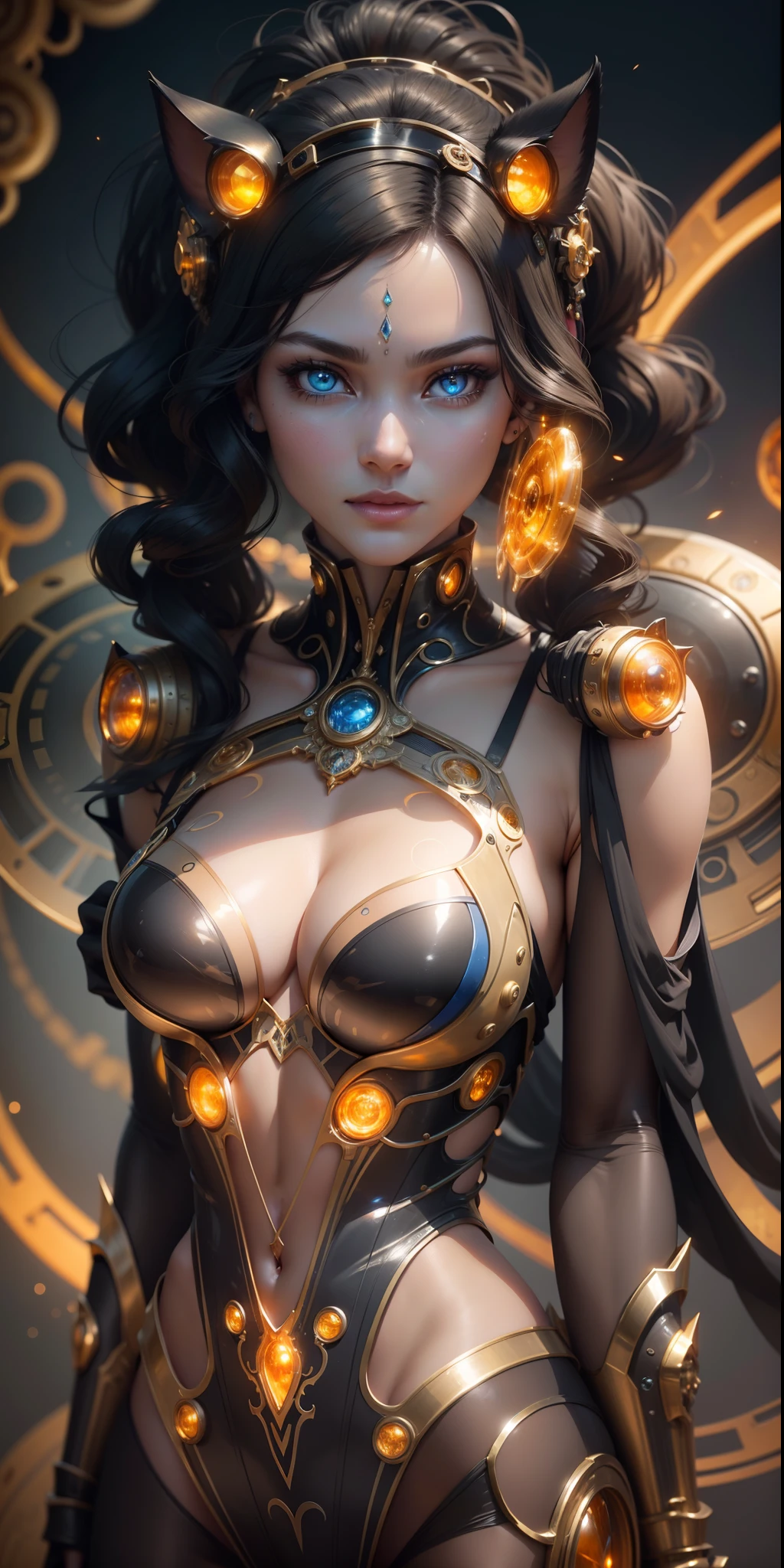 Cat-woman steampunk translucent women in biomechanical body, perfect symmetrical eyes, perfect round iris, liquid cooling, intricate circuits, beautiful, elegant, white gradient with orang, yellow and golden smoke and blue crystal liquid, stunning, render, hyper realistic, octane render, "highly detailed facial features ",“up-light", “sharp eyes", or “crystal clear eyes", ”better eyes”