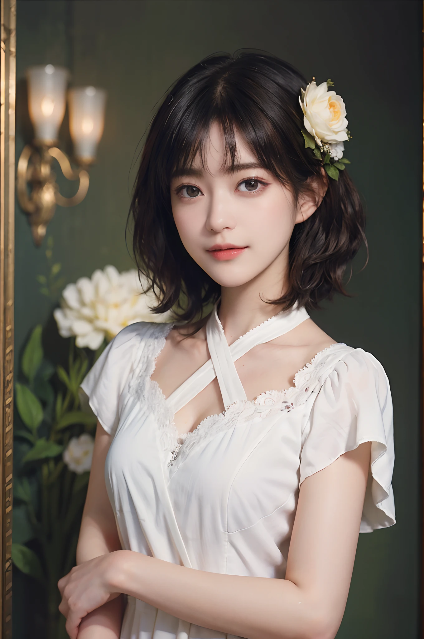 (RAW Photography、top-quality)、(realisitic、Photorealsitic:1.3)、top-quality、high-detail、masterpiece、ultra-detailliert、illustratio、1girl、(((Beautiful skin)))、whole body、dynamic ungle、world masterpiece theater、(((very-short-hair)))、top-quality、the Extremely Detailed CG Unity 8K Wallpapers、inky、magnifica、电影灯光、lens_flare、(nice breasts)、((Oil paintings by Rubens))、((Light and Darkness:1.3))、((Contrasty:1.2))、(with floral pattern)、A slight smil、((Luxurious room))