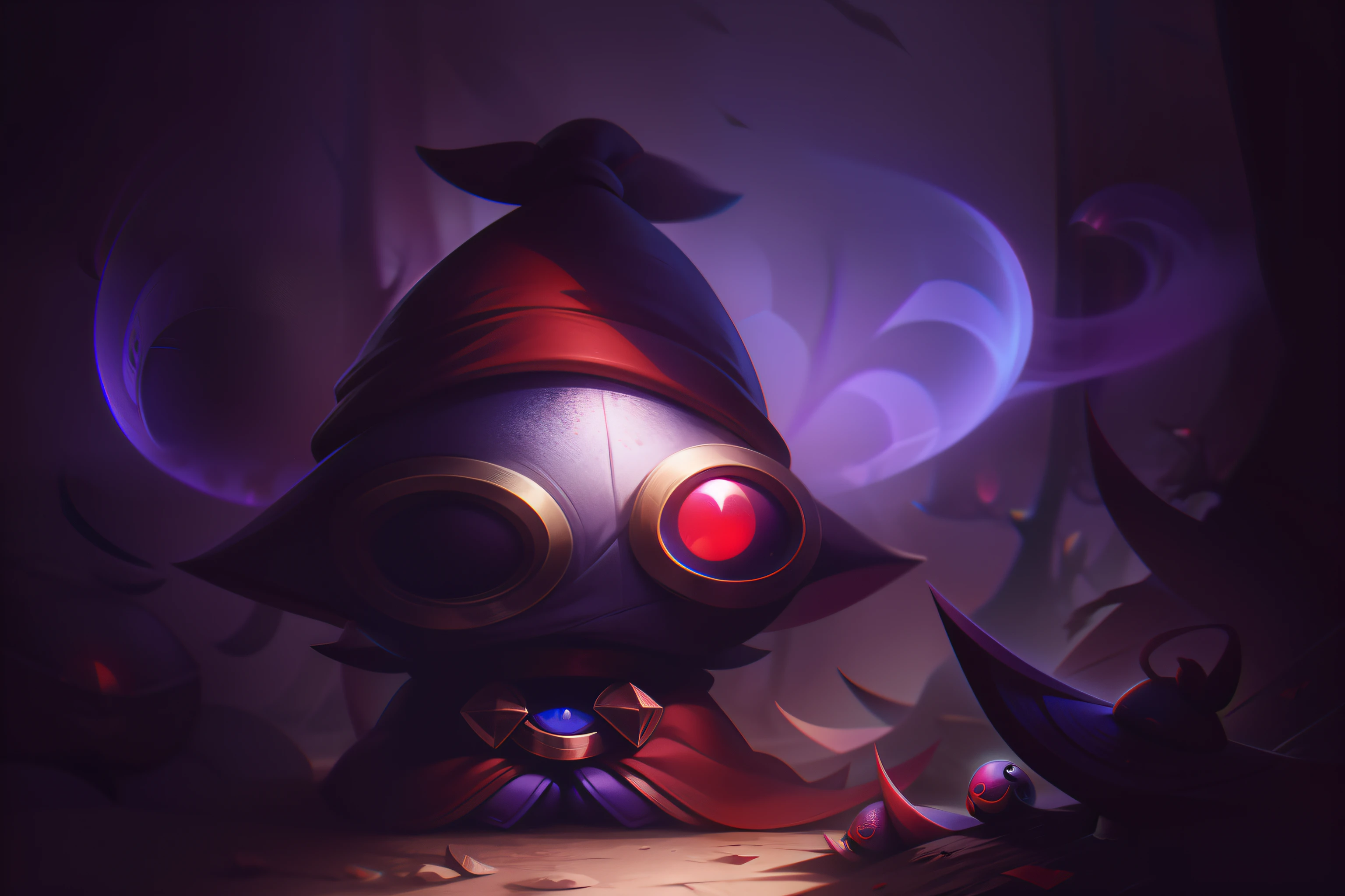 Being small with red spider eyes wearing hat and purple purple clothing dark coat Yordle drop from personal caption echo of luden in the forest