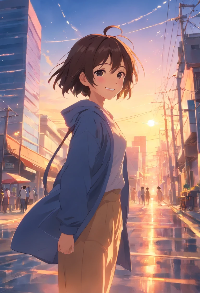 Icone de Smile, obra-prima, melhor qualidade, filme ainda, floating into the sky, close-up, brilhante, feliz, Soft lighting and Warm, sun sunset, (Sparks: 0,7)
