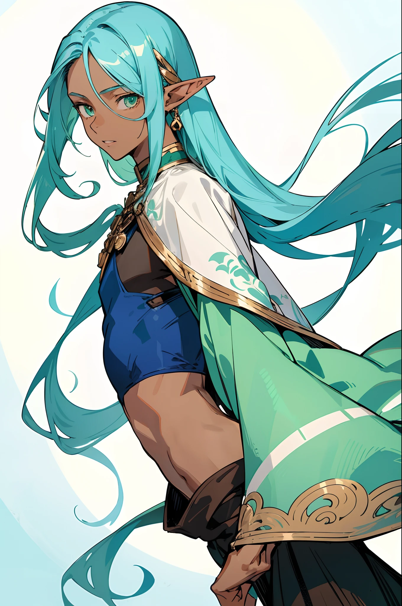 a beautiful man, extremely long hair , blue hair , light green eyes , ((brown skin+++)), adult male ,Solo, male, skinny , effeminate, full lips , wearing a crop top , skinny body , has elf ears
(finely best quality illustration:1.2), (upper body:1.0), (ultra-detailed, highres, 4k:1.0),