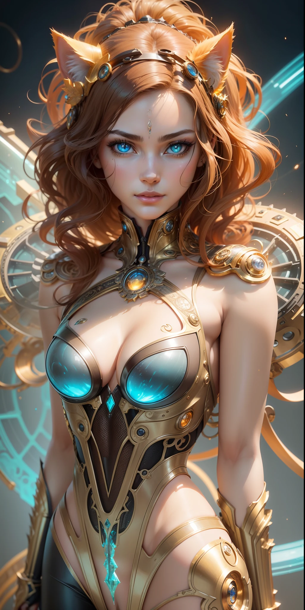 Cat-woman steampunk translucent women in biomechanical body, perfect symmetrical eyes, perfect round iris, liquid cooling, intricate circuits, beautiful, elegant, white gradient with orang, yellow and golden smoke and blue crystal liquid, stunning, render, hyper realistic, octane render, "highly detailed facial features ",“up-light", “sharp eyes", or “crystal clear eyes", ”better eyes”