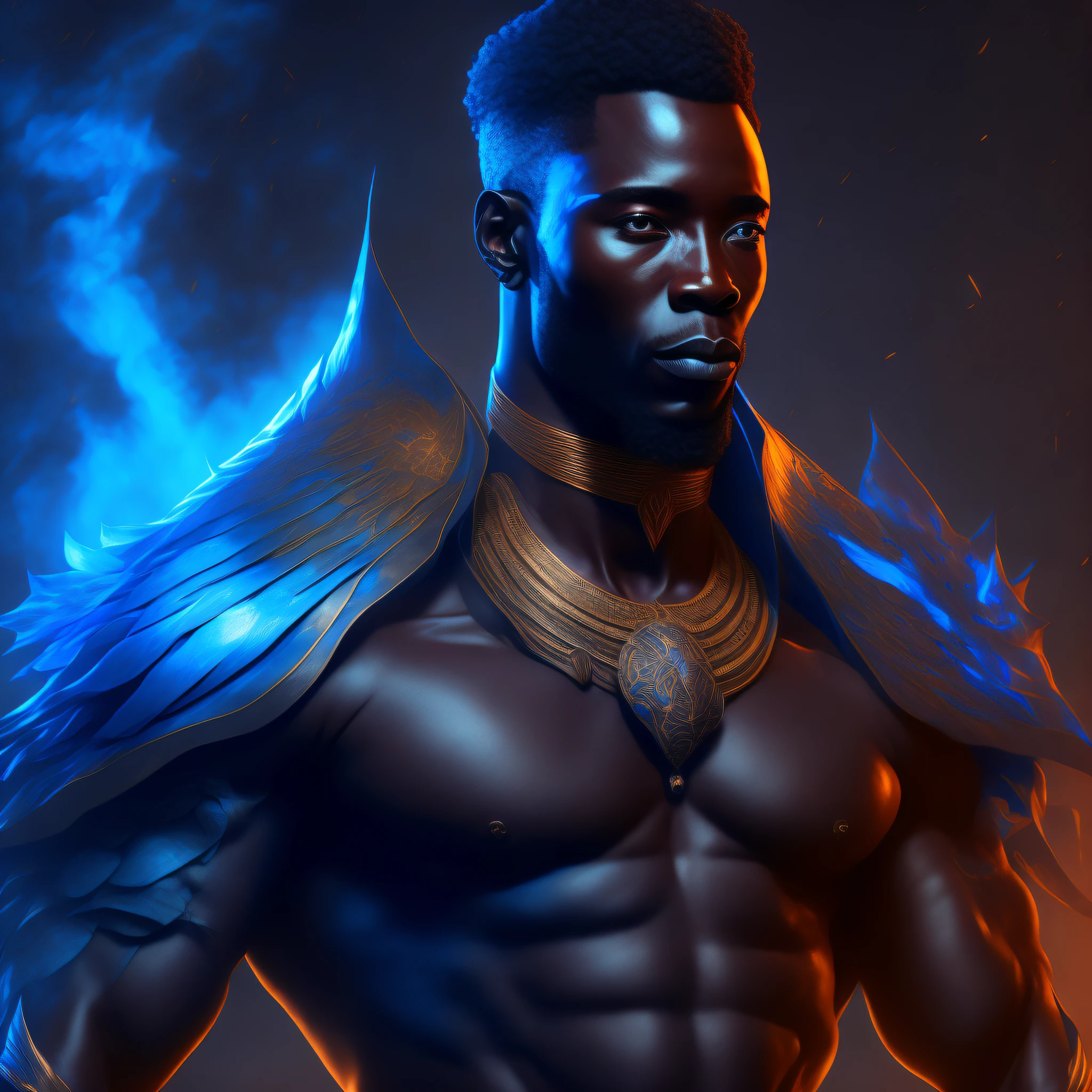 Um homem negro curto e musculoso, African God of the Hunt, pele totalmente negra, vestindo uma roupa azul, vestes detalhes azuis, orisha, afrofuturismo, Ultra Qualidade, 8k