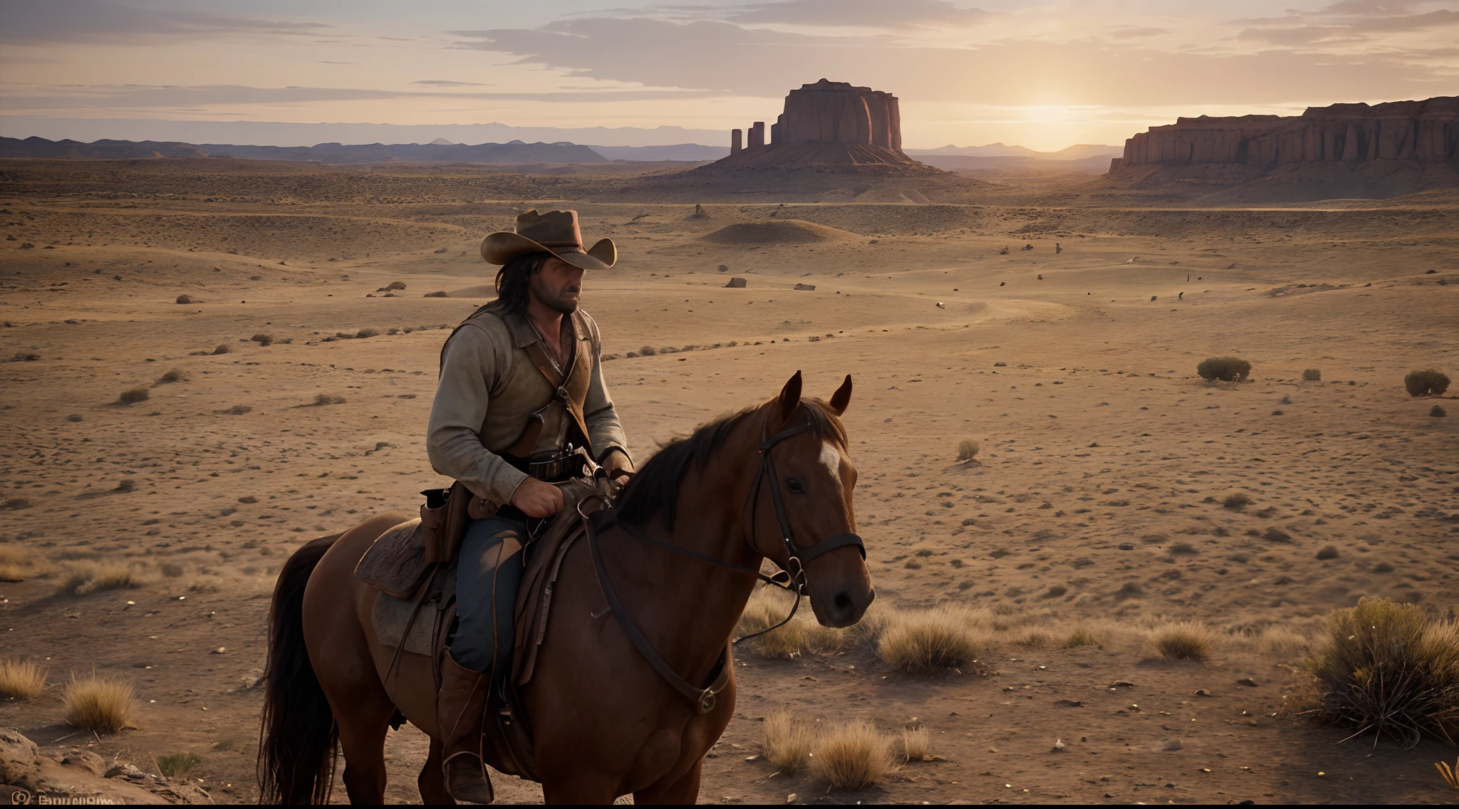 A cowboy who remembers John Marston from the game Red Dead Redemption is riding his horse in a beautiful western setting, Golden Hour, Sunset, Wide angle camera, dynamic composition, intricate details, ultra definition, ultra resolution, masterpiece, Captured by Panavision Panaflex Platinum Camera with Panavision Primo Primes Spherical Lens 50mm T1.9, depth of field, Cinematic Lighting, Western environment