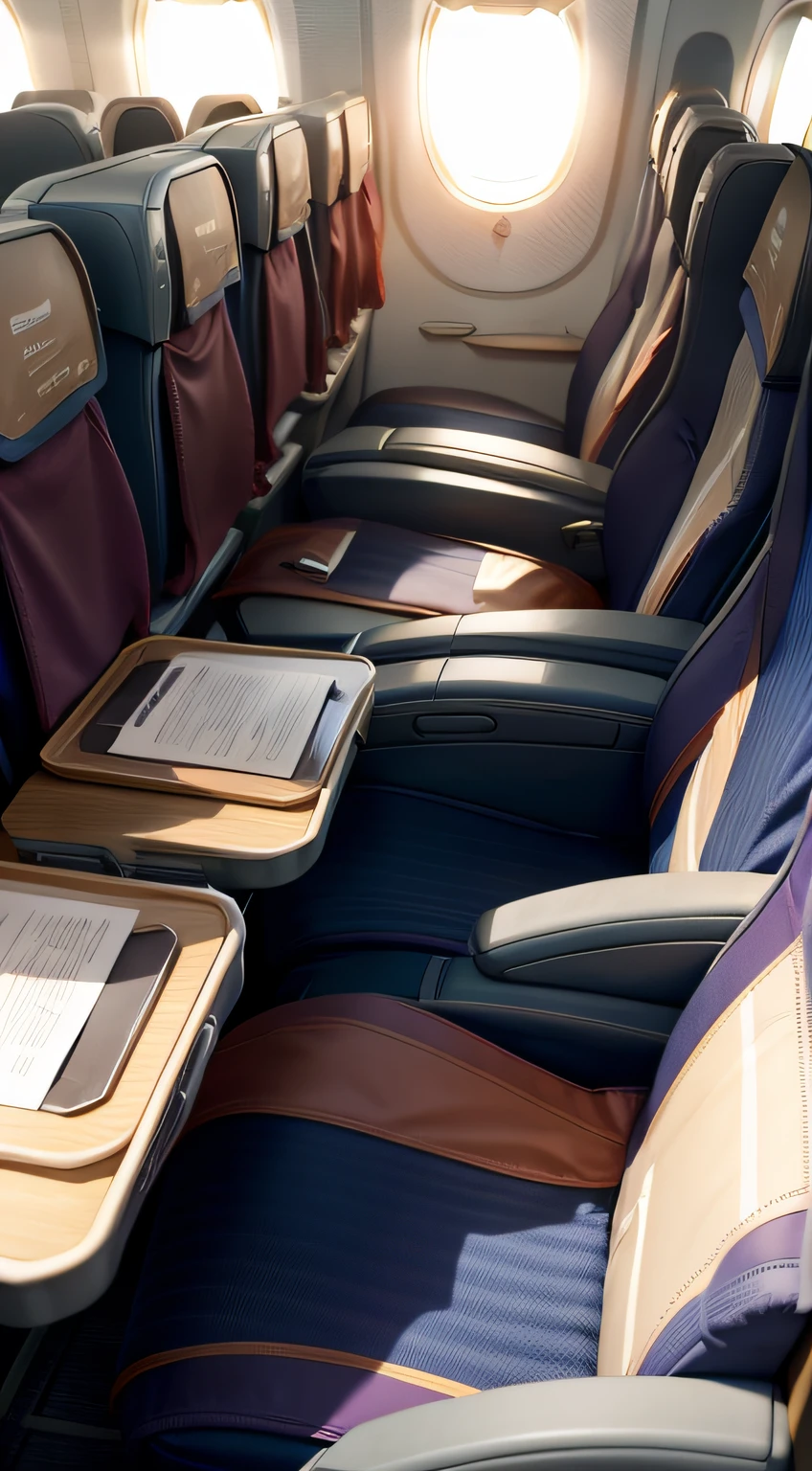 empty tray tables, behind the seats, airplane