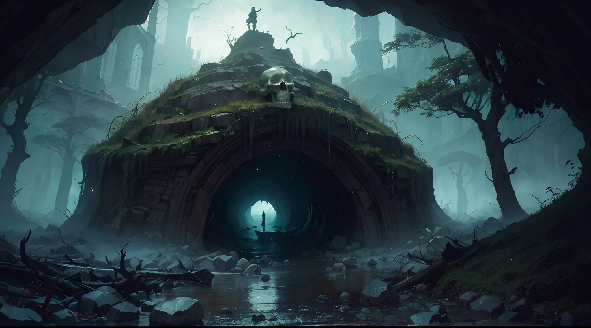"(by Greg Rutkowski: 1.2), (masterpiece), (best quality), extremely delicate and beautiful, illustration, (fantasy landscape), A mesmerizing fantasy landscape with enchanting elements blending seamlessly. (Majestic cave entrence), (adorned with spooky atmosphere surrounded with skulls). A sense of tranquility and wonder fills the air, inviting exploration and discovery, depth of field, HDR, intricate, delicate"